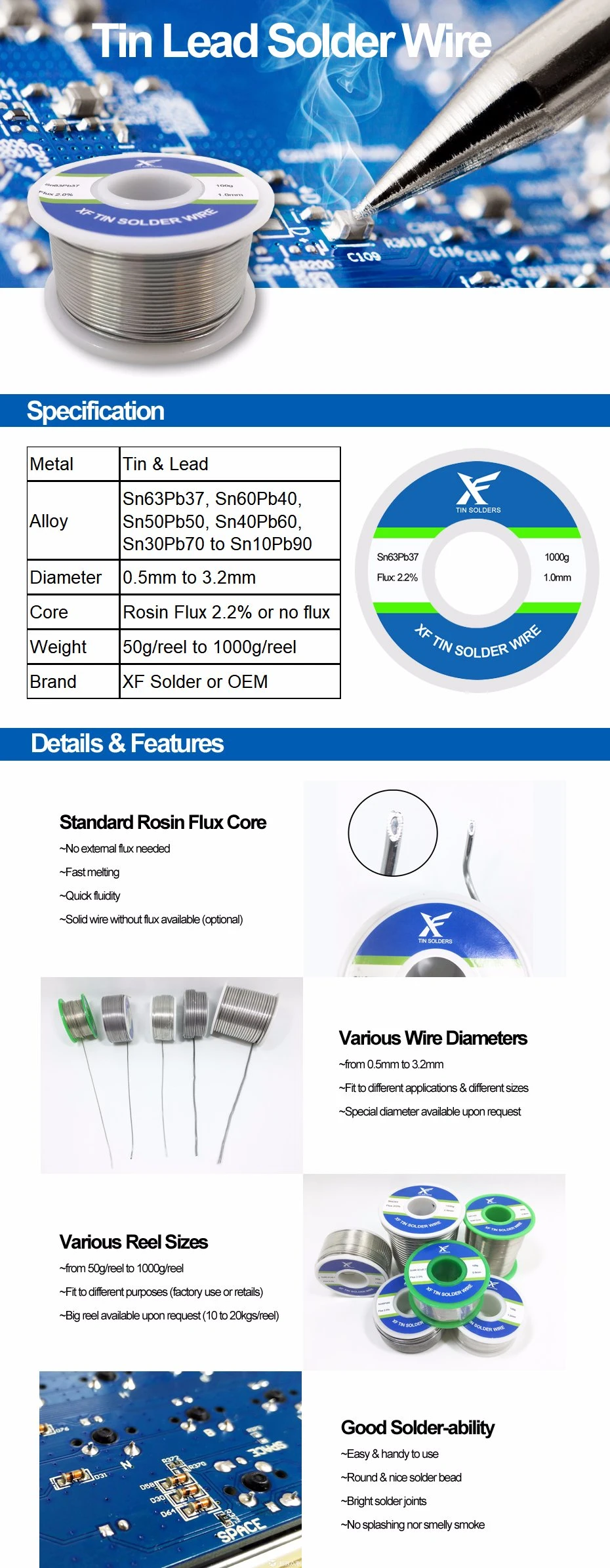 Super Good Quality Sac305 Sn63pb37 0.5 0.8 mm 1mm 2mm 3mm Rosin Activated Flux Core Tin Lead Soldering Welding Solder Wire 60 40 500g 1kg 200g 100g 250g